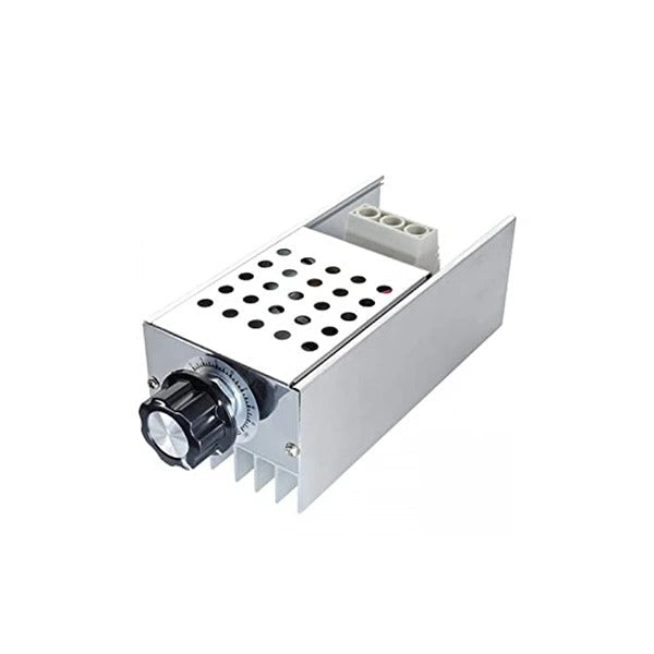 AC 220V 10000W SCR Super Power Thyristor Voltage Regulator Speed Controller Adjust Light Temperature - a silver metal device with a black rotary control knob, a ventilated top cover, and a three-terminal connector block.