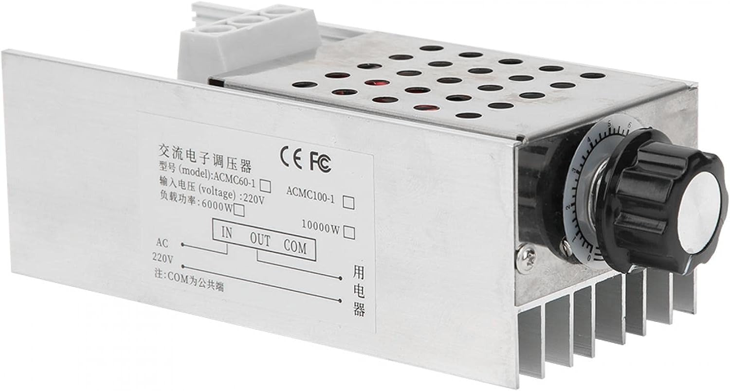 AC 220V 10000W SCR Super Power Thyristor Voltage Regulator Speed Controller Adjust Light Temperature - a metallic silver rectangular unit with a black rotary knob, heat sink fins, and a labeled wiring terminal block.