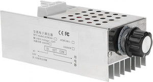 AC 220V 10000W SCR Super Power Thyristor Voltage Regulator Speed Controller Adjust Light Temperature - a metallic silver rectangular unit with a black rotary knob, heat sink fins, and a labeled wiring terminal block.