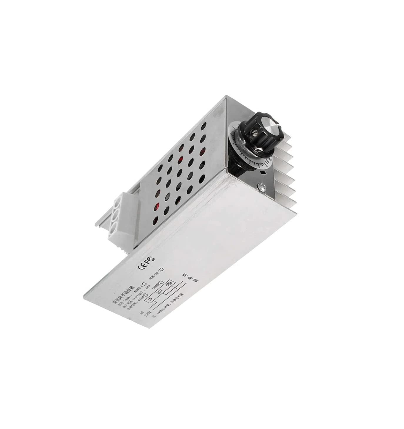 AC 220V 10000W SCR Super Power Thyristor Voltage Regulator Speed Controller Adjust Light Temperature - a silver metal housing with a black rotary control knob, a side terminal block, and a heat sink.