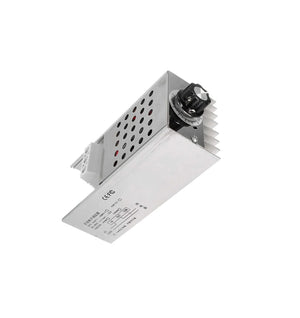 AC 220V 10000W SCR Super Power Thyristor Voltage Regulator Speed Controller Adjust Light Temperature - a silver metal housing with a black rotary control knob, a side terminal block, and a heat sink.