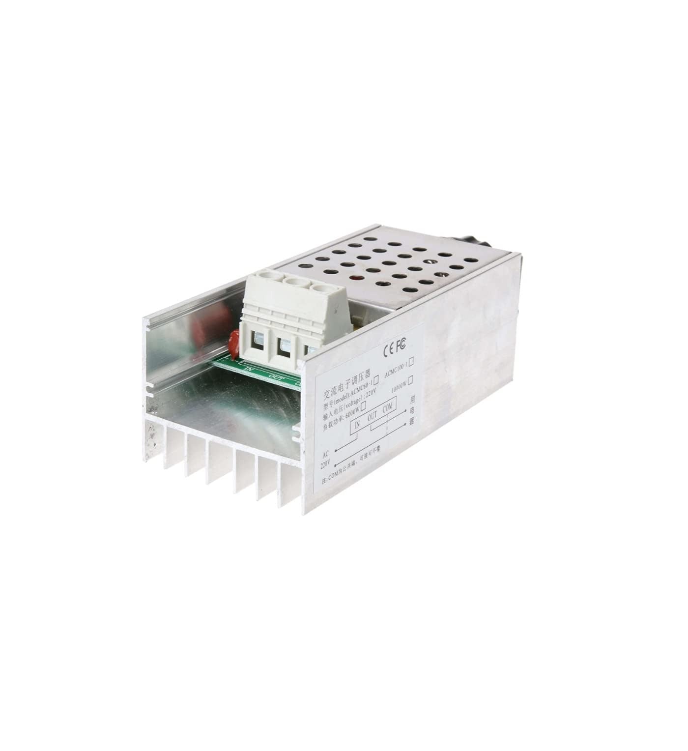 AC 220V 10000W SCR Super Power Thyristor Voltage Regulator Speed Controller Adjust Light Temperature - a silver metal heatsink housing with a three-terminal screw connector block and a top-mounted control knob.