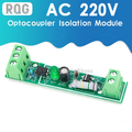 AC 220V Optocoupler Isolation Module - Rqg Single Channel Voltage Detection - a green circuit board featuring two screw terminal blocks, a green LED, a capacitor, and an optocoupler chip.