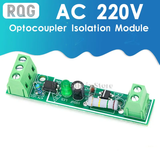 AC 220V Optocoupler Isolation Module - Rqg Single Channel Voltage Detection - a green circuit board featuring two screw terminal blocks, a green LED, a capacitor, and an optocoupler chip.