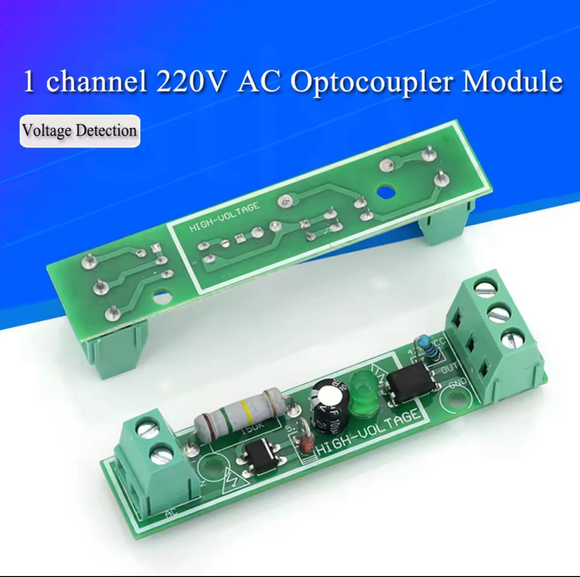 AC 220V Optocoupler Isolation Module - Rqg Single Channel Voltage Detection - two green circuit boards with screw terminals, a large resistor, a capacitor, an LED, and optocouplers.