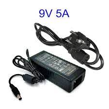 AC / DC 9V 5A Power Adapter - a black rectangular power brick with a DC output cable and a detachable AC power cord with a three-pin plug.