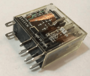 AC Relay Coil AC220V AHN211YO - a clear-cased electromagnetic relay with eight metal spade terminals and a visible internal copper coil and diagram.
