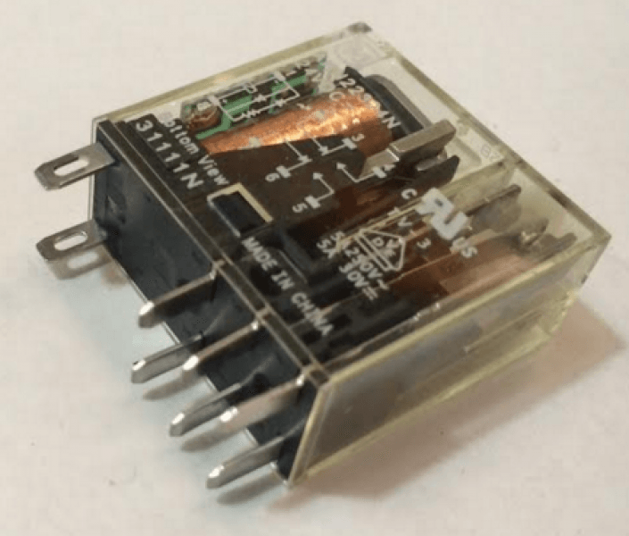 AC Relay Coil AC220V AHN211YO - a clear-cased electromagnetic relay with eight metal spade terminals and a visible internal copper coil and diagram.