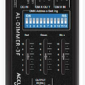 Acclaim Lighting Al Dimmer 3F Hp Product Overview - a black rectangular DMX controller featuring a 12-switch address bank, three manual sliders, and terminal port blocks.