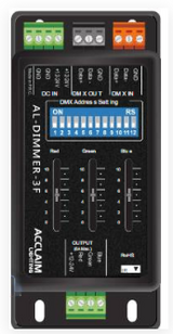 Acclaim Lighting Al Dimmer 3F Hp Product Overview - a black rectangular DMX controller featuring a 12-switch address bank, three manual sliders, and terminal port blocks.