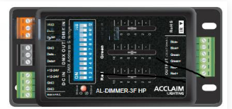 Acclaim Lighting Al Dimmer 3F Hp Product Overview - a black rectangular controller with a DMX address DIP switch bank, three manual sliders, and multiple wire terminals.