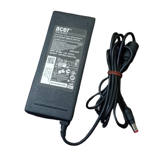 Acer Laptop Charger 19V 4.74A With Cable - a black rectangular AC adapter with a DC power cord and a red-tipped barrel connector.