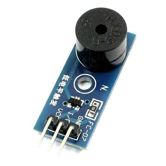 Active Low Level Trigger Buzzer Alarm Module For DIY MCU Scm - a blue rectangular circuit board with a black buzzer and three metal pins labeled VCC, I/O, and GND.