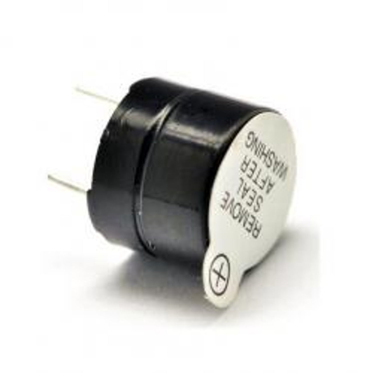 Active Piezo Buzzer 3V To 12V Active Buzzer for Arduino - a small black cylindrical electronic component with two metal pins and a white removable seal.