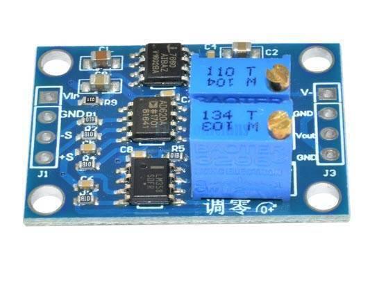 AD620 Instrumentation Amplifier Module - a blue rectangular circuit board with three integrated circuits, two blue potentiometers, and side pin headers.