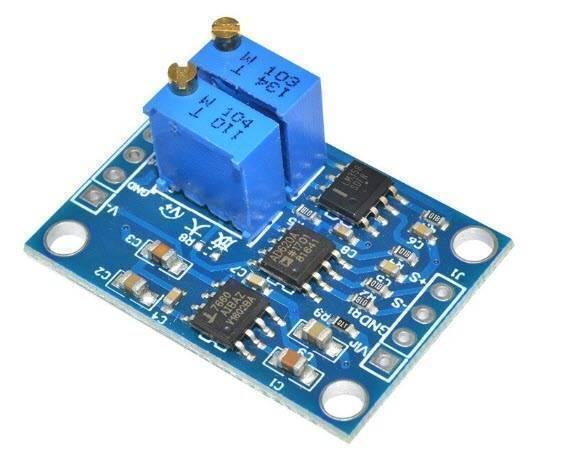 AD620 Instrumentation Amplifier Module - a blue rectangular circuit board featuring two blue potentiometers, three integrated circuits, and pin headers.