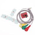 AD8232 Keyes Single Lead Heart Rate Monitor - with a red circuit board, a 3.5mm jack cable with three coloured clips, and several ECG electrode pads.