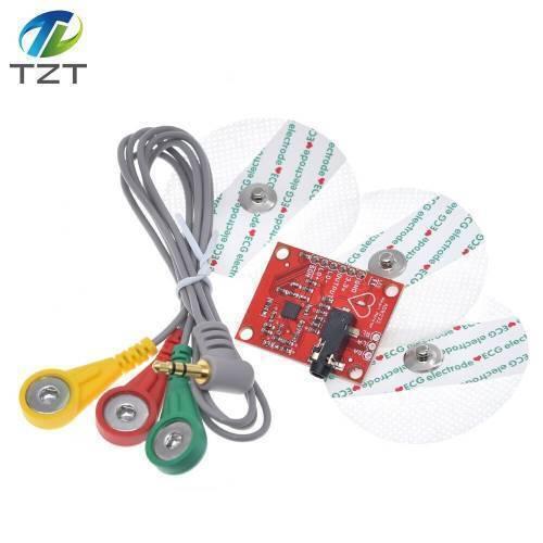 AD8232 Keyes Single Lead Heart Rate Monitor - with a red circuit board, a 3.5mm jack cable with three coloured electrode snaps, and three pads.