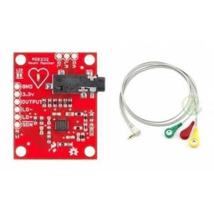 AD8232 Keyes Single Lead Heart Rate Monitor - a red circuit board with a 3.5mm jack and an attached three-lead electrode cable with coloured ends.