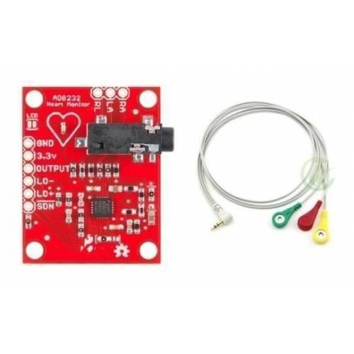 AD8232 Keyes Single Lead Heart Rate Monitor - a red circuit board with a 3.5mm jack and an attached three-lead electrode cable with coloured ends.