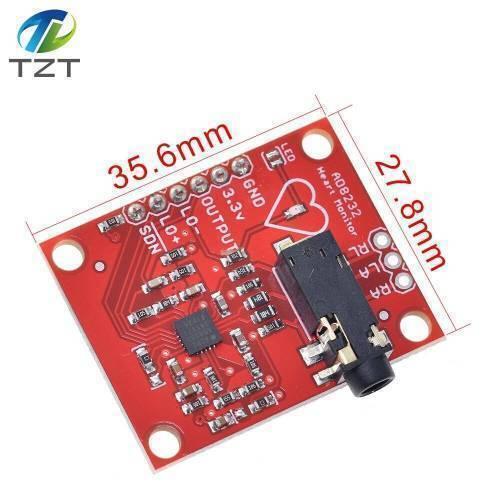 AD8232 Keyes Single Lead Heart Rate Monitor - a red square circuit board with a 3.5mm jack, pin headers, and dimension labels 35.6mm by 27.8mm.