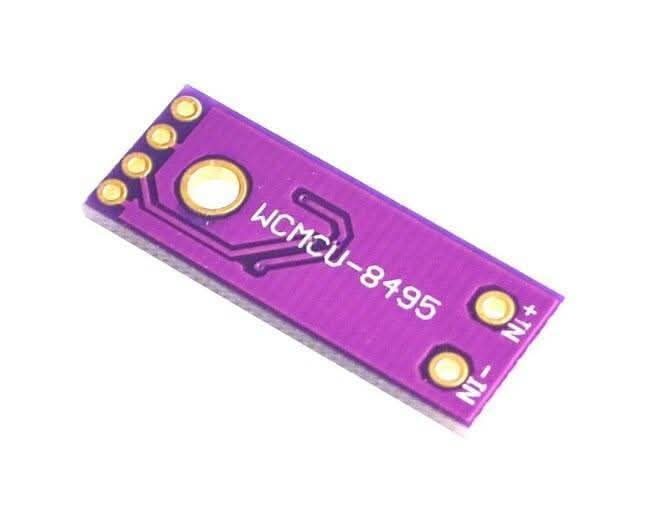 AD8495 Thermocouple Amplifier Module - a rectangular purple circuit board with four pins on one end, two input pads labeled +IN and -IN, and a mounting hole.