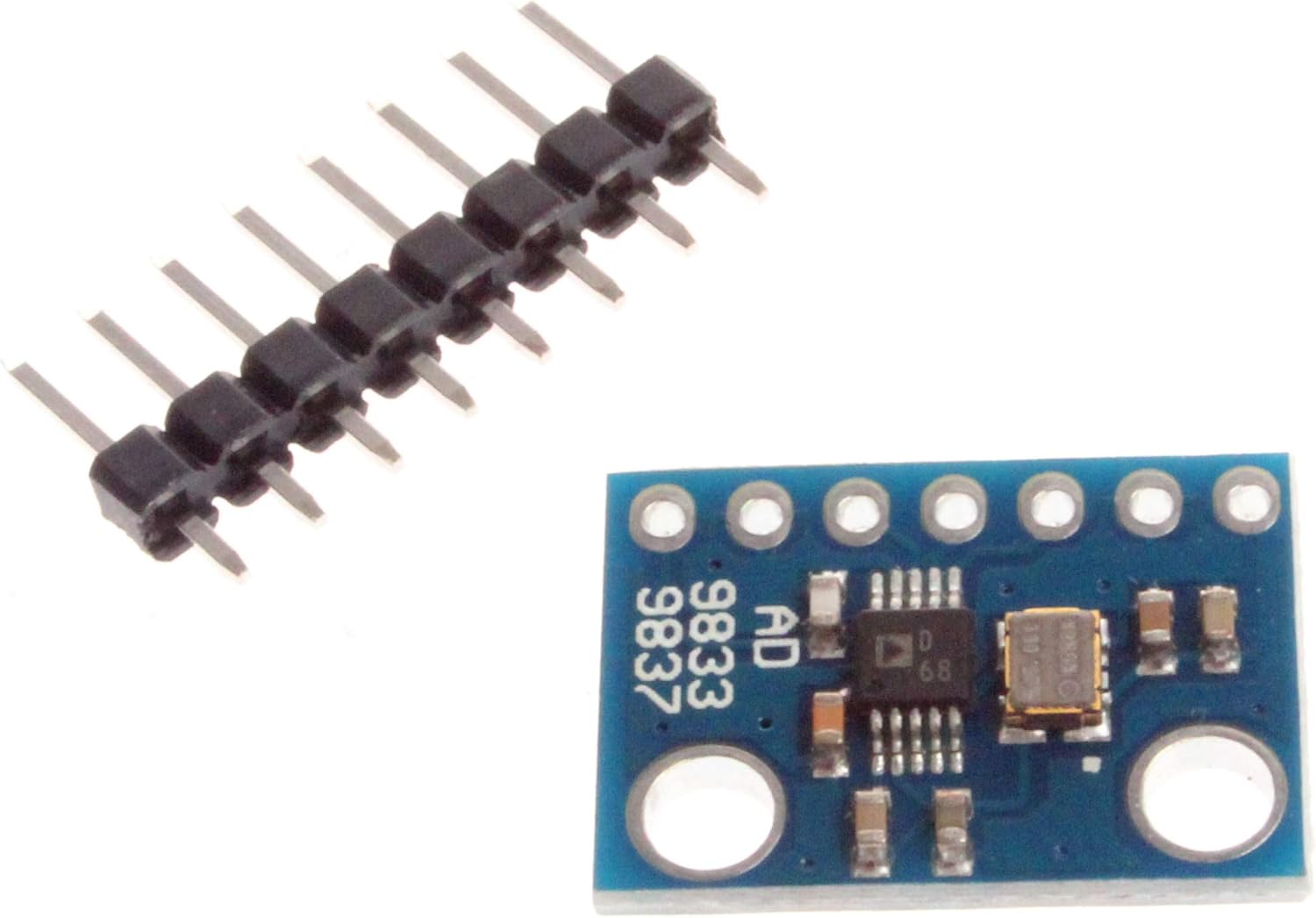 AD9833 AD9837 Programmable Signal Function Generator - Dds For Arduino - a blue circuit board with an integrated chip and a separate strip of metal header pins.
