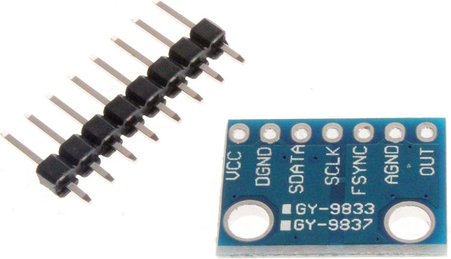 AD9833 AD9837 Programmable Signal Function Generator - Dds For Arduino - with a blue circuit board labeled VCC, DGND, SDATA, SCLK, FSYNC, AGND, OUT and a header pin strip.
