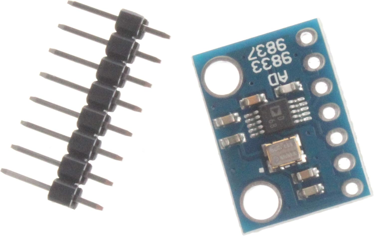 AD9833 AD9837 Programmable Signal Function Generator - Dds For Arduino - a blue circuit board with an integrated chip and a separate strip of eight metal header pins.