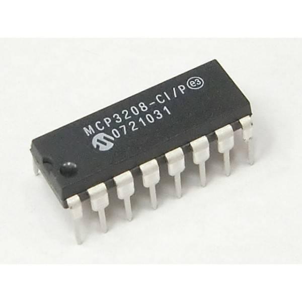 ADC MCP3208 8 Channel 12 Bit Analog To Digital IC - a black 16-pin dual in-line package integrated circuit with white printed text on its top surface.