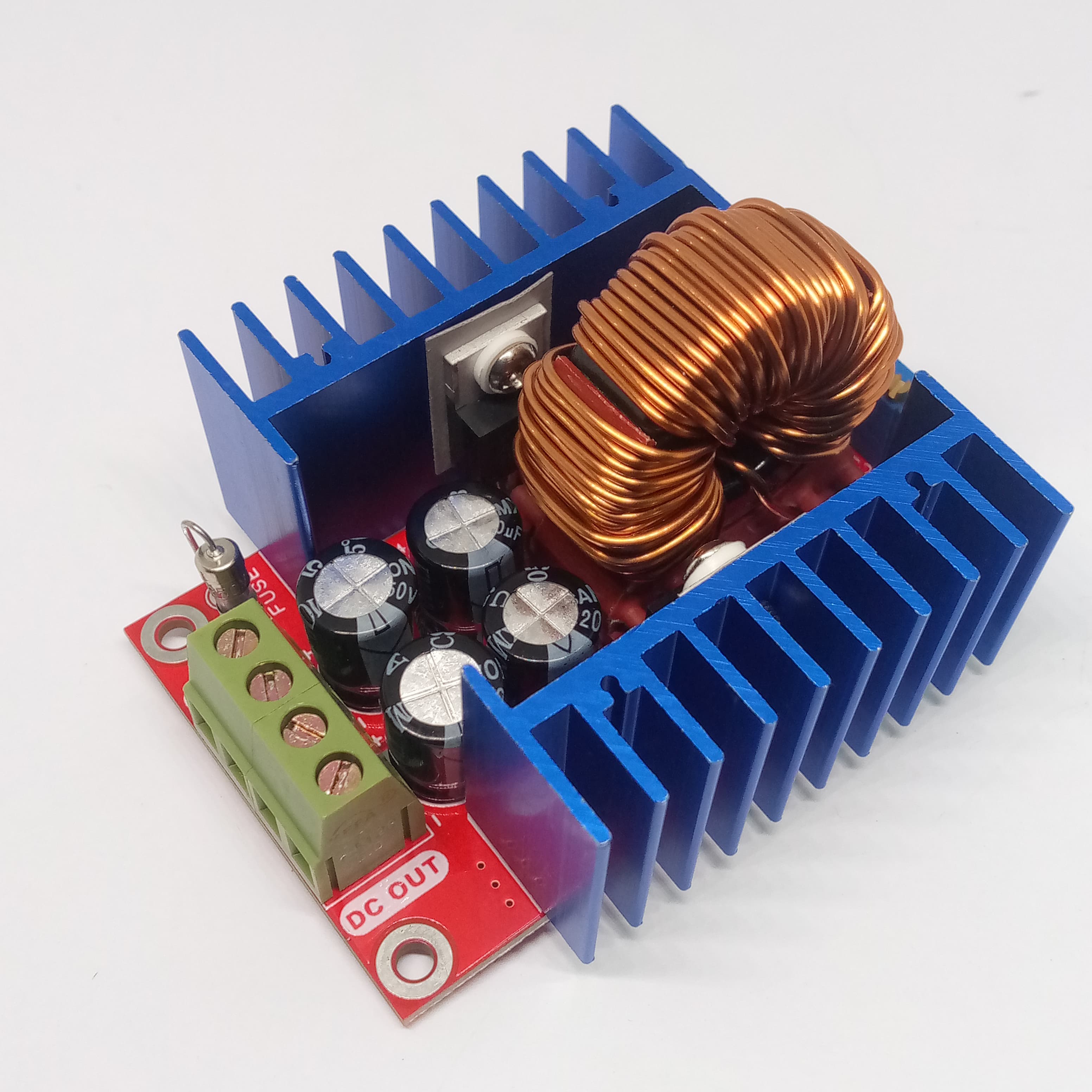 Adjustable 300W XL4016 DC To DC Step Down Buck Converter Module - with a large copper inductor, two blue heat sinks, and a green four-terminal screw block.