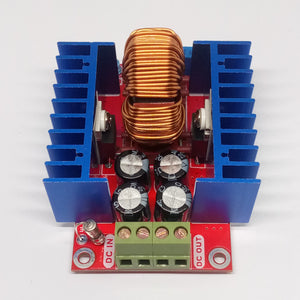 Adjustable 300W XL4016 DC To DC Step Down Buck Converter Module - a red circuit board, two blue heatsinks, a large copper inductor, and terminals.