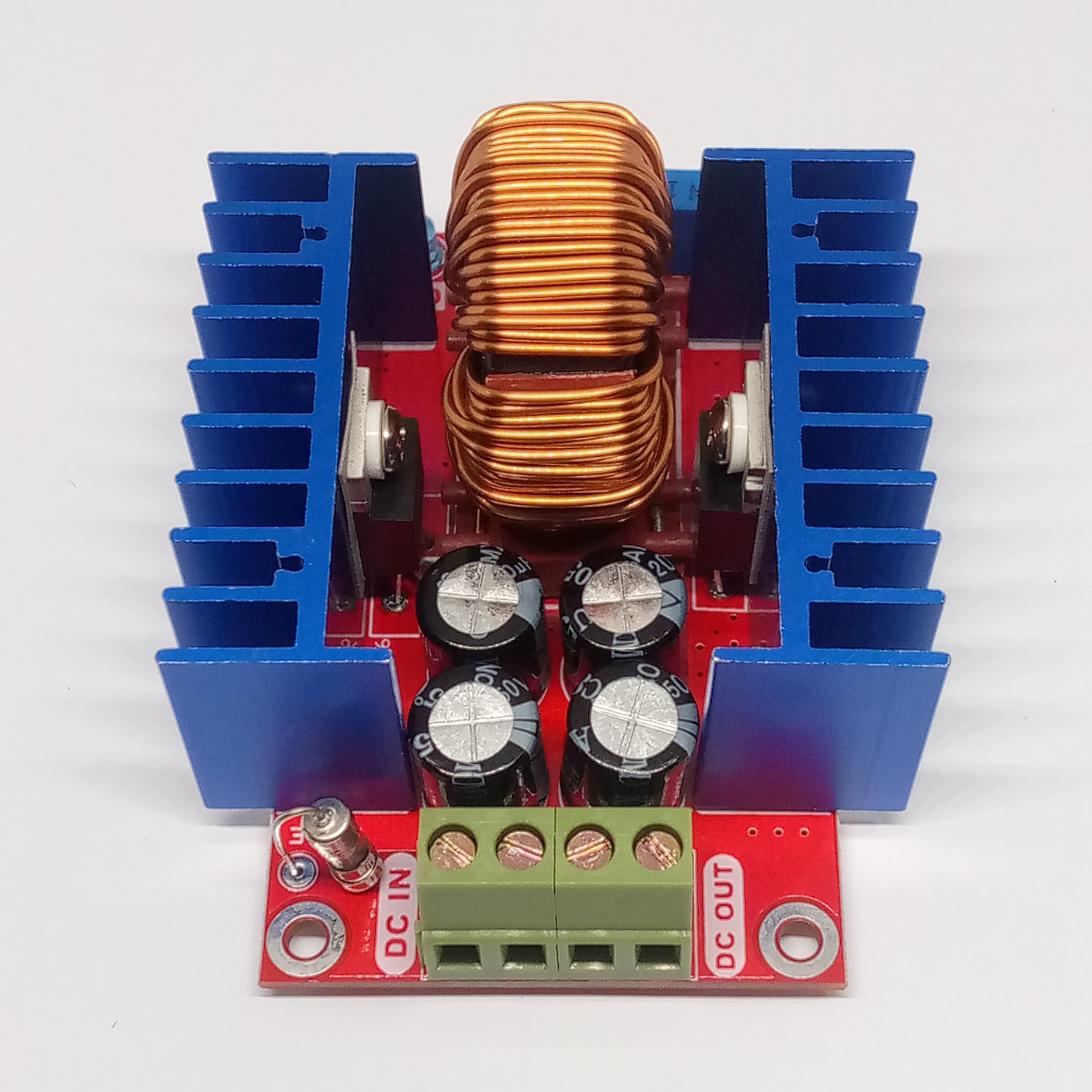 Adjustable 300W XL4016 DC To DC Step Down Buck Converter Module - a red circuit board, two blue heatsinks, a large copper inductor, and terminals.