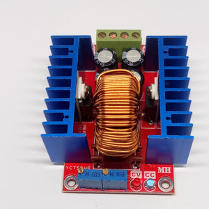 Adjustable 300W XL4016 DC To DC Step Down Buck Converter Module - with two blue heatsinks, a large copper inductor, two potentiometers, and screw terminals.