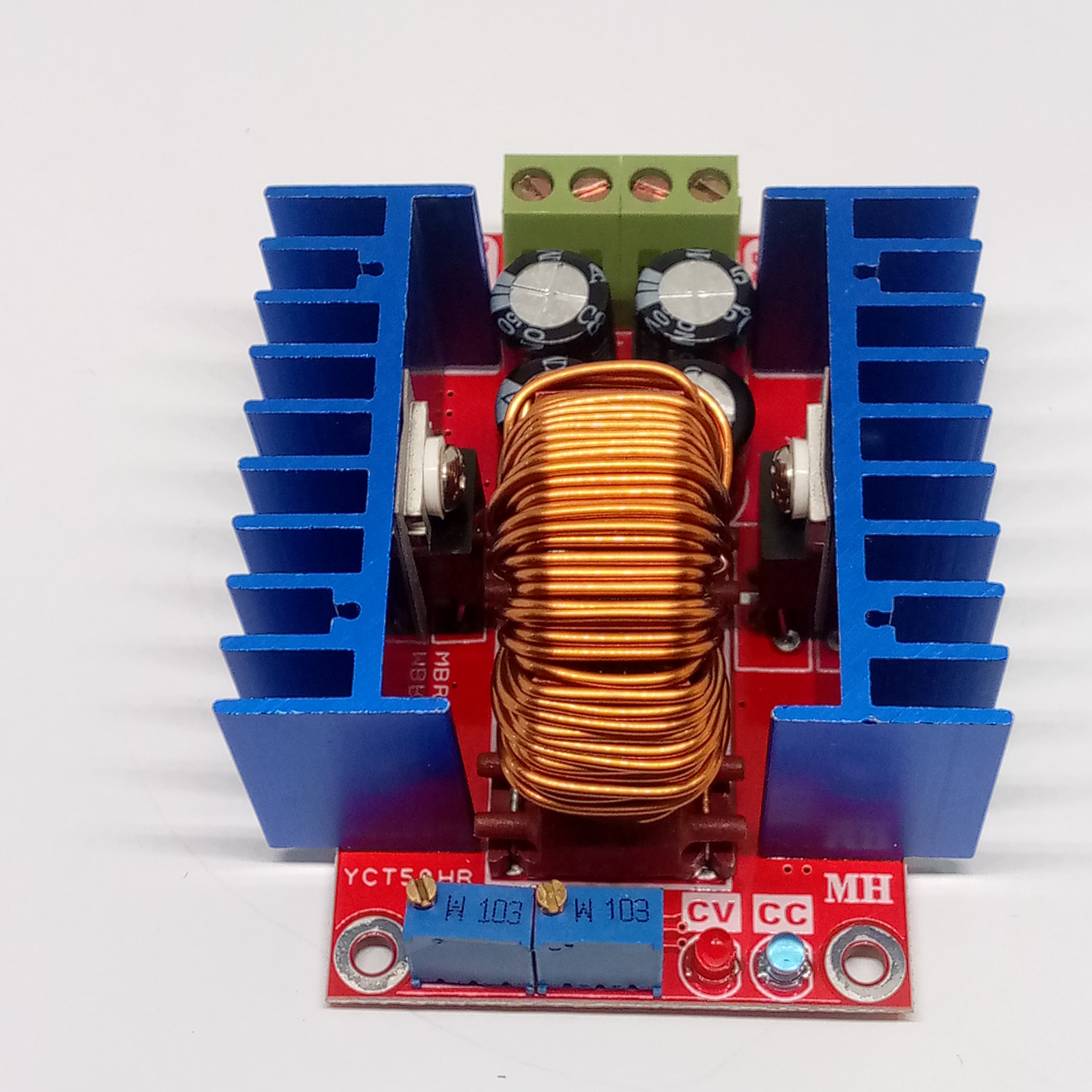 Adjustable 300W XL4016 DC To DC Step Down Buck Converter Module - with two blue heatsinks, a large copper inductor, two potentiometers, and screw terminals.