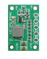 Adjustable Buck Convertor Module Ca 1235 DSO198-61E 1.25V 1.5V 1.8V 2.5V 3.3V 5V - a green rectangular circuit board with an inductor, input/output solder pads, and selectable voltage setting points.