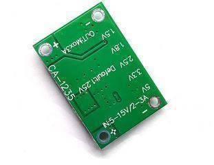 Adjustable Buck Convertor Module Ca 1235 DSO198-61E 1.25V 1.5V 1.8V 2.5V 3.3V 5V - a green rectangular circuit board with labeled voltage output pads and input/output connection points.