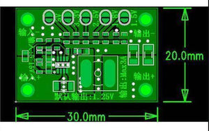 Adjustable Buck Convertor Module Ca 1235 DSO198-61E 1.25V 1.5V 1.8V 2.5V 3.3V 5V - a green printed circuit board with input/output terminals, voltage selection pads, and dimension markings in millimeters.
