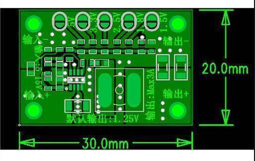 Adjustable Buck Convertor Module Ca 1235 DSO198-61E 1.25V 1.5V 1.8V 2.5V 3.3V 5V - a green printed circuit board with input/output terminals, voltage selection pads, and dimension markings in millimeters.
