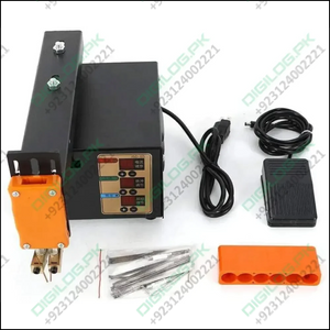 Adjustable Digital Display Point Welding Machine Jsd Iis Small Battery Pack Lithium Battery Welder - with a black control box, digital displays, orange welding head, foot pedal, metal strips, and an orange battery holder.