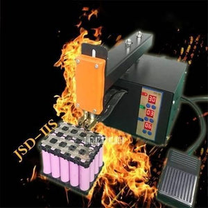 Adjustable Digital Display Point Welding Machine Jsd Iis Small Battery Pack Lithium Battery Welder - with an orange handle, a black main unit featuring three digital displays showing 30, 03, and 06, and a foot pedal.