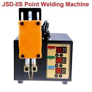 Adjustable Digital Display Point Welding Machine Jsd Iis Small Battery Pack Lithium Battery Welder - a black benchtop unit with an orange handle, dual copper welding tips, and a control panel featuring three digital displays.
