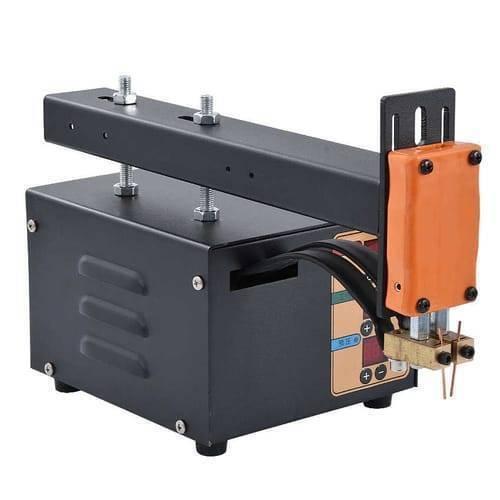 Adjustable Digital Display Point Welding Machine Jsd Iis Small Battery Pack Lithium Battery Welder - a black metal device with an orange handle, welding tips, and a digital control panel.