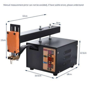 Adjustable Digital Display Point Welding Machine Jsd Iis Small Battery Pack Lithium Battery Welder - a black metal welder with an orange welding head and a dimension diagram with measurements.
