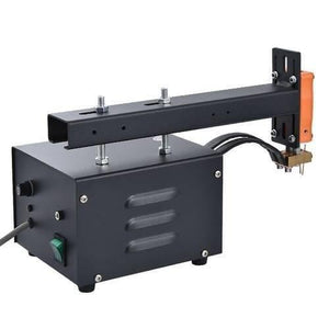 Adjustable Digital Display Point Welding Machine Jsd Iis Small Battery Pack Lithium Battery Welder - a black metal battery welder with a top-mounted arm, welding tips, a power switch, and a knob.