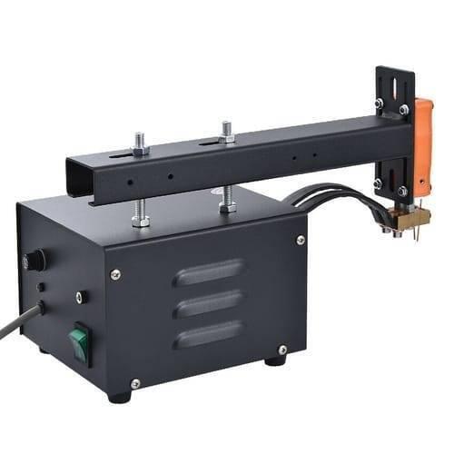 Adjustable Digital Display Point Welding Machine Jsd Iis Small Battery Pack Lithium Battery Welder - a black metal battery welder with a top-mounted arm, welding tips, a power switch, and a knob.