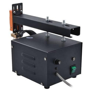 Adjustable Digital Display Point Welding Machine Jsd Iis Small Battery Pack Lithium Battery Welder - a black metal desktop welder with an adjustable arm, a green power switch, and a fuse holder.
