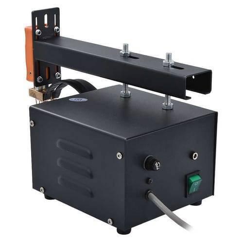 Adjustable Digital Display Point Welding Machine Jsd Iis Small Battery Pack Lithium Battery Welder - a black metal desktop welder with an adjustable arm, a green power switch, and a fuse holder.