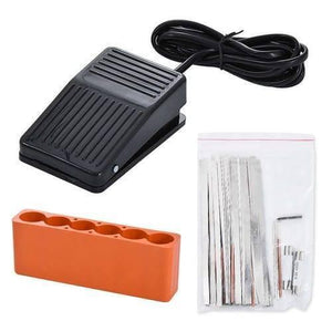 Adjustable Digital Display Point Welding Machine Jsd Iis Small Battery Pack Lithium Battery Welder - accessories including a black foot pedal, an orange battery holder, and a bag of metal strips.