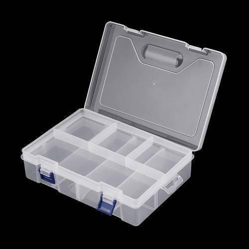 Adjustable Double Layer Component Organizer Tool Container Storage Box F240 - a clear plastic storage case with two blue latches and internal dividers.